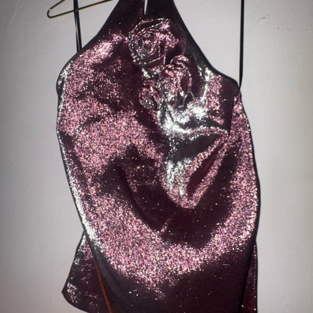 AREA Crystal Embellished Metallic Pink Halter Top ✨ Worn Once